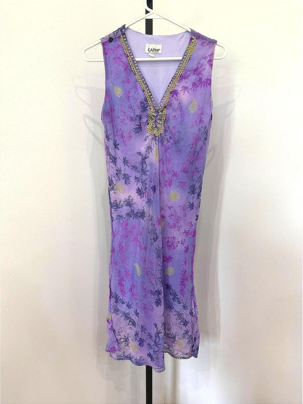 Vintage Purple Sleeveless Dress with Embellished V-Neck Lapis Los Angeles